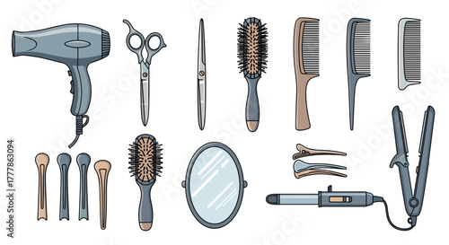 Illustration of various hairdressing tools including dryer, scissors, combs and mirror item set