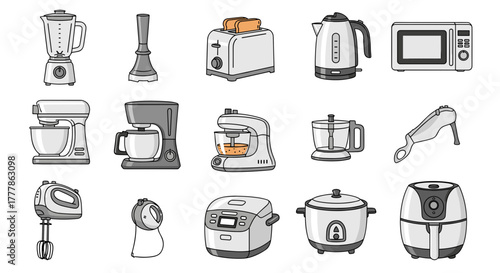 Illustration showing a collection of various kitchen appliances in a cartoon style design