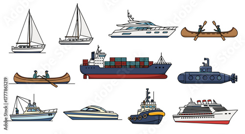 Collection of various watercraft including sailboats yachts canoes cargo ships and cruise liners shown