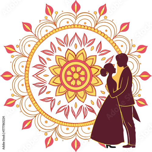 Romantic couple embracing in front of vibrant mandala art, perfect for wedding invitations, announcements, and love-themed projects
