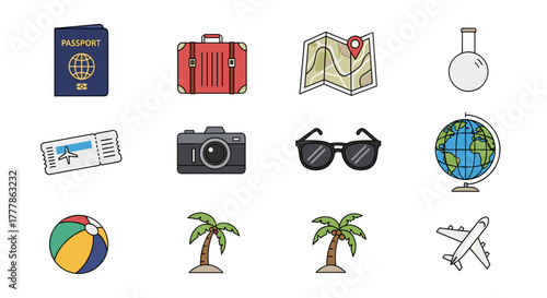 Illustration of travel themed icons including passport, camera, globe, and beach ball items shown