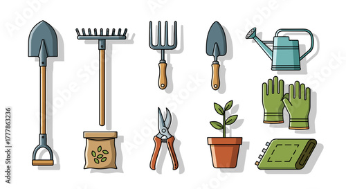 Illustration of gardening tools including shovel, rake, watering can and gloves on white background
