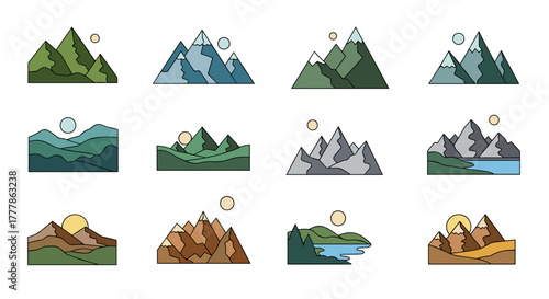 Collection of twelve stylized mountain landscape icons with sun or moon in various color palettes and shapes