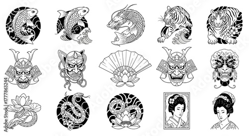 Collection of japanese themed tattoo designs featuring koi fish dragons tigers samurai masks and geisha portraits