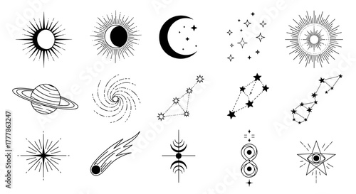 Collection of celestial elements including sun moon stars planet constellations and cosmic symbols art line