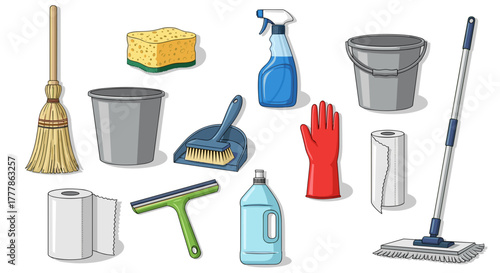 Assortment of cleaning supplies including broom, mop, sponge, and cleaning solutions on white background