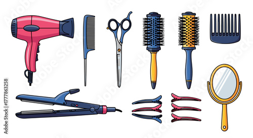 Illustration of various hairdressing tools including dryer comb scissors and hair straightener
