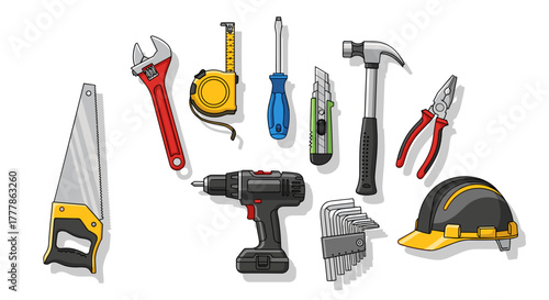 A collection of various hand tools including a saw wrench drill and safety helmet on a white background