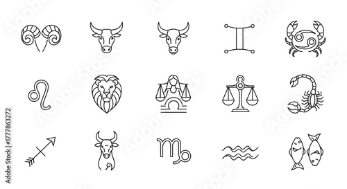 Collection of twelve astrological zodiac signs in black outline on a white background neatly arranged