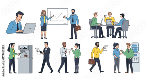 Illustrations showing office workers in different scenarios at work and during breaks and meetings