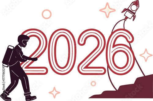 Bold vision for 2026: Entrepreneur launches rocket symbolizing new goals, innovation, and futuristic aspirations for business success