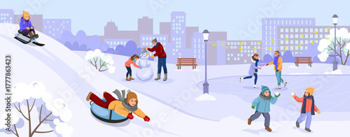 Children and adults enjoying winter activities like sledding, skating, building snowmen, and snowball fights in a snowy park. Vector illustration