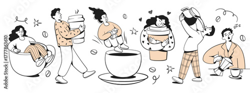 Cartoon set of people with giant coffee cups in playful scenes, hand-drawn sketch style on white background. Concept of coffee obsession. Vector illustration