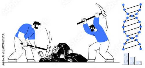 Two workers breaking rocks with sledgehammer and pickaxe, DNA strand representing innovation, cityscape in the background. Ideal for science progress, hard work, labor, biology, innovation, manual