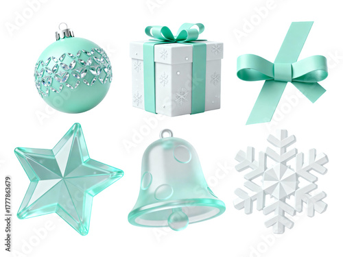 Elegant 3D Christmas ornaments and gift box with bow, perfect for holiday marketing and design