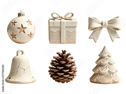 Elegant Christmas decorations: baubles, gift, bow, bell, pine cone, and tree on black