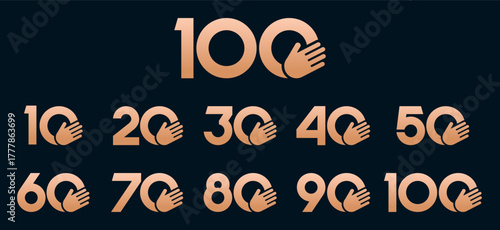 Set of collection numbers 10 to 100 with hand giving elements vector illustration. Caring hands element with numbers 10, 20, 30, 40, 50, 60, 70, 80, 90, 100 for greetings, anniversaries and more.