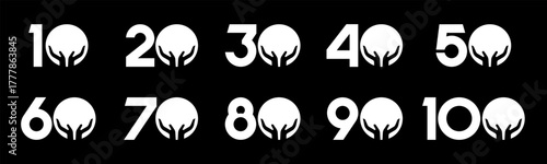 Set of collection numbers 10 to 100 with hand giving elements vector illustration. Caring hands element with numbers 10, 20, 30, 40, 50, 60, 70, 80, 90, 100 for greetings, anniversaries and more.