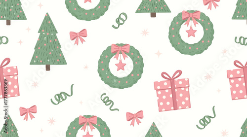 Festive christmas pattern with trees, wreaths, and gifts a seamless design for holiday wrapping paper, fabric, and backgrounds isolated on white background