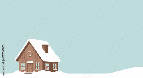 Cozy Cabin In Snowy Landscape Illustration With Clear Blue Sky