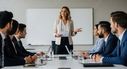 Empowered woman delivering an engaging and dynamic presentation, the corporate setting highlights her professionalism