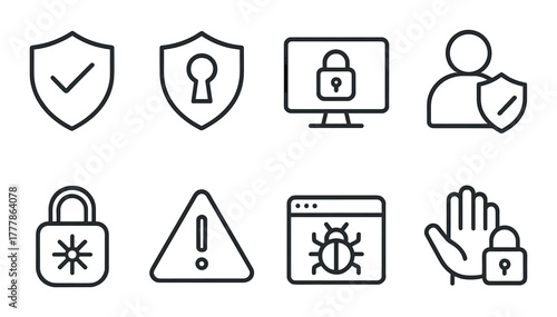 Cybersecurity icons: lock shield computer virus alert privacy protection
