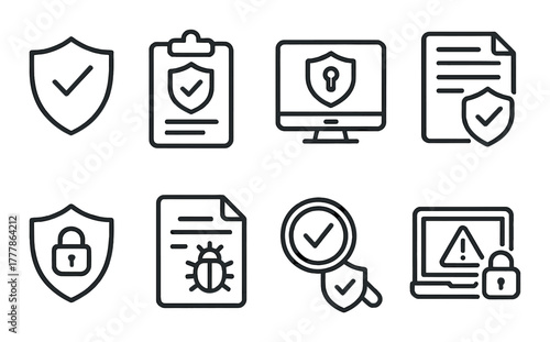 Cybersecurity icons: shield, bug, lock, warning on gray background
