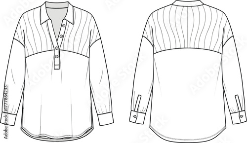 Long sleeve blouse, technical fashion sketch, front and back view, pleated yoke, button placket, cuff detail, garment flat drawing