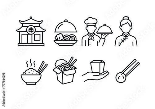 Line icons of asian cuisine and restaurant elements with chefs and containers