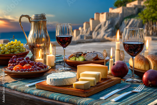 Sunset feast by the seaside with wine, cheese, and fresh fruits create a dreamy atmosphere of relaxation and joy