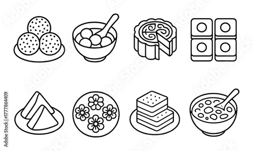 Assorted asian desserts illustration: mochi, mooncake, tangyuan, and traditional sweets