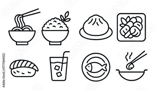 Asian cuisine icons: sushi, noodles, dumplings, rice, fish, dim sum illustrations