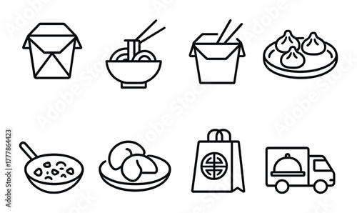 Minimalist icons of asian takeout and cuisine on dark background