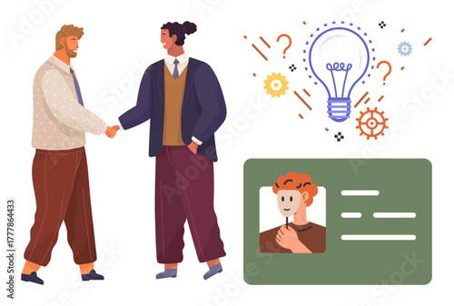 Two professionals shaking hands, light bulb with gears and question marks symbolizing creativity, and identification card. Ideal for teamwork, collaboration, business, creativity, networking