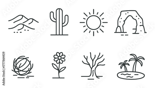 Minimalist desert icons: mountains, cactus, sun, arch, bush, flower, tree, oasis
