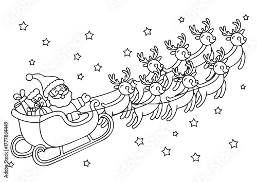 Adorable Christmas coloring page with Santa and reindeer.