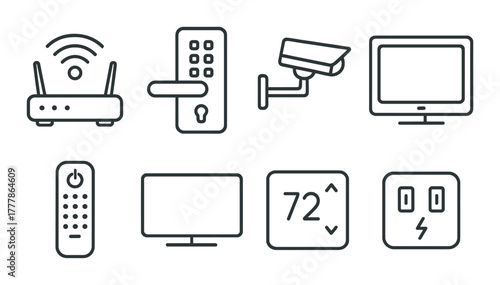 Smart home devices icons: router, lock, camera, television, remote, thermostat, outlet
