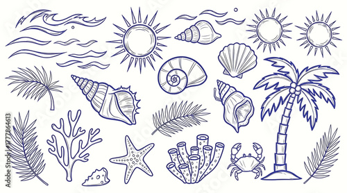 Tropical beach elements isolated on white background a collection of handdrawn illustrations featuring seashells, palm trees, waves, sun, coral, and marine life