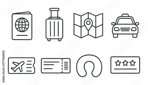 Travel essentials icons: passport, luggage, map, taxi, ticket, airplane, travel pillow, rating