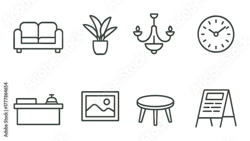 Minimalist home interior icons: furniture, decor, clock, lighting, plant