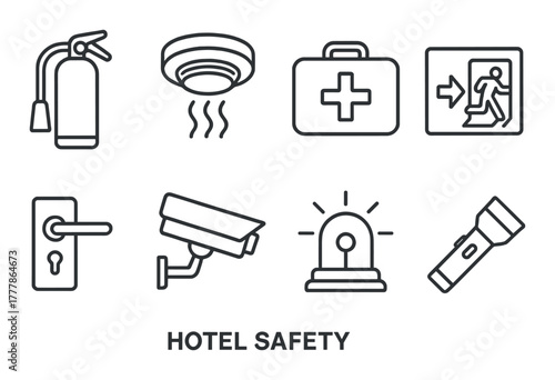 Hotel safety icons: fire extinguisher, smoke detector, first aid kit, emergency exit