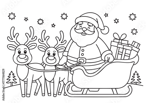 Cute Santa Claus with reindeer coloring page. Merry Christmas