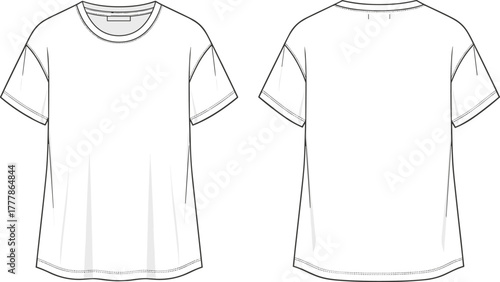 Basic T-shirt flat sketch, fashion technical drawing, short sleeve tee design, apparel template, garment illustration, front back view, vector outline