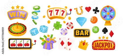 Collection of colorful casino game icons including chips, dice, slots, cards, and roulette in cartoon style on a white background. Vector illustration