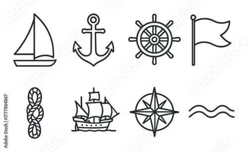Nautical icons set: sailboat, anchor, wheel, flag, knot, ship, compass, waves