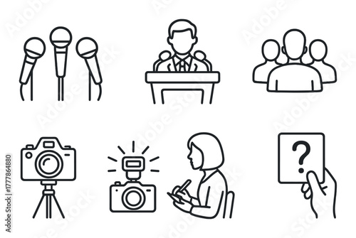 Icons of microphones, podium speaker, audience, cameras, female writer, and question card