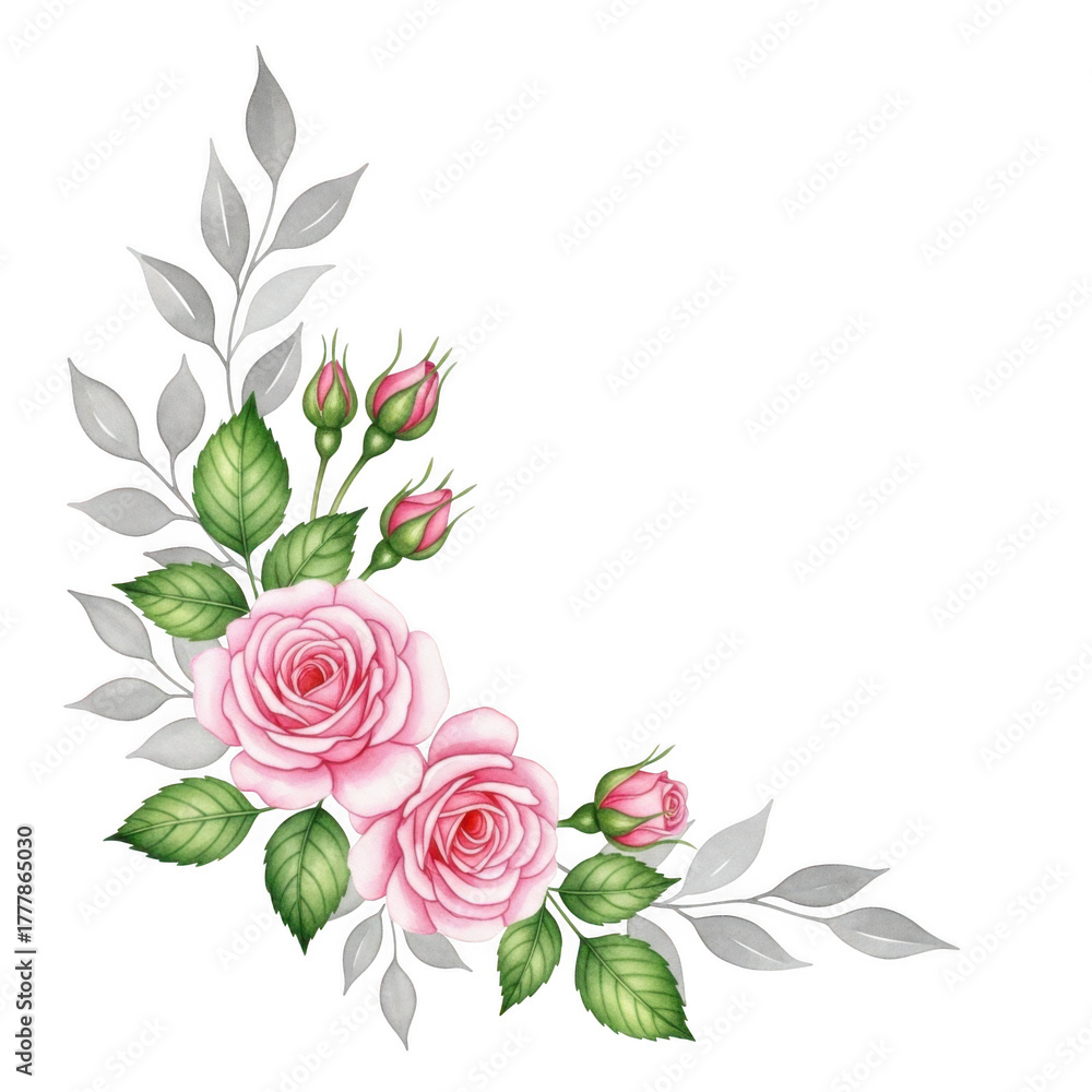 Fototapeta premium Elegant pink roses and green leaves floral arrangement for romantic designs isolated on transparent background
