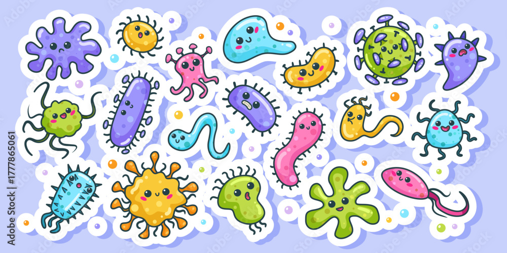 Fototapeta premium Colorful cartoon microbes with various shapes and facial expressions, outlined in white, on a light purple background. Vector illustration