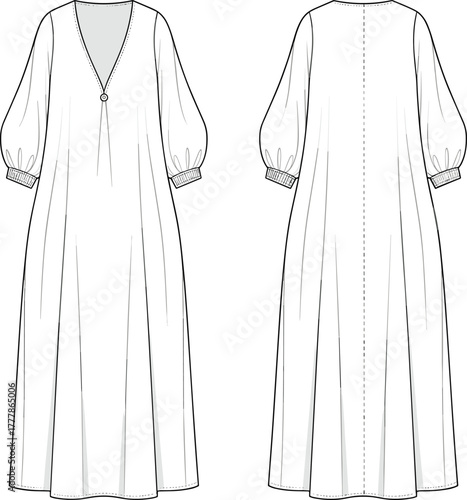Fashion illustration, technical sketch, long dress, voluminous sleeves, V-neckline, garment design, front view, back view, couture, pattern template