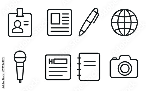 Minimalistic icons for media and communication with id, pen, globe, microphone, notebook, camera